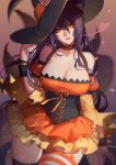  1girl absurdres ahri animal_ears bare_shoulders black_hair breasts choker cleavage corset cowboy_shot detached_sleeves dress fox_ears fox_tail hair_between_eyes hat heart highres juliet_sleeves large_breasts layered_dress league_of_legends long_hair long_sleeves looking_at_viewer multiple_tails orange_eyes parted_lips patreon_reward puffy_sleeves short_dress single_thighhigh slit_pupils smile solo songjikyo striped striped_legwear tail thigh-highs wide_sleeves witch_hat 