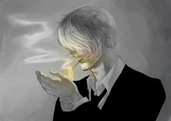 1boy black_necktie cigarette commentary_request facial_hair fire formal goatee hair_over_one_eye long_sleeves male_focus mouth_hold necktie one_eye_covered one_piece r_pg sanji_(one_piece) sepia shirt short_hair smoke smoking solo suit white_shirt 