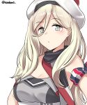  1girl absurdres armband bare_shoulders blonde_hair blush breasts character_request cleavage closed_mouth eyebrows_visible_through_hair grey_eyes hair_between_eyes hat highres kantai_collection kiritto large_breasts long_hair looking_at_viewer richelieu_(kantai_collection) simple_background solo twitter_username upper_body white_background 
