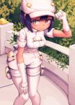  1girl aether_foundation_employee aether_foundation_uniform allen_(makaroll) black_hair blush breasts bush cabbie_hat closed_mouth colored_eyelashes dark_skin elbow_gloves fence gloves half-closed_eyes hand_on_headwear hat hat_tip holster knees_together_feet_apart leaf leaning_forward looking_at_viewer medium_breasts outdoors pantyhose pocket pokemon pokemon_(game) pokemon_sm pouch revision short_hair short_sleeves smile solo standing thigh_holster thigh_strap uniform white_gloves white_legwear yellow_eyes 