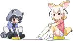  2girls :3 :d animal_ears ass bangs black_skirt blonde_hair blue_shirt blush bow bowtie brown_eyes closed_mouth common_raccoon_(kemono_friends) elbow_gloves eyebrows_visible_through_hair fang fennec_(kemono_friends) fox_ears fox_tail fur_trim gloves grey_gloves grey_hair kemono_friends looking_at_viewer multiple_girls open_mouth orange_legwear pantyhose pleated_skirt raccoon_ears raccoon_tail sakurabe_notosu shirt shoes short_hair short_sleeves simple_background sitting skirt smile sweater tail thigh-highs washing white_background white_gloves white_legwear white_shirt yarn_ball 