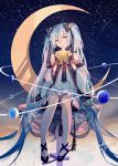  1girl 2017 absurdres blue_eyes blue_hair bow character_name constellation crescent_moon detached_sleeves fingerless_gloves frown gloves hair_bow hatsune_miku head_tilt highres holding long_hair moon mouth_hold night night_sky pigeon-toed planet sitting sky solo star star_(sky) starry_sky sumery twintails very_long_hair vocaloid yuki_miku 