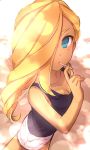 1girl bare_arms bare_shoulders blonde_hair blue_eyes breasts candy character_request cleavage dark_skin food foreshortening hair_over_one_eye highres inazuma_eleven_(series) lollipop long_hair mouth_hold one_eye_covered outdoors purple_shirt reiza sekina shirt solo standing white_legwear 