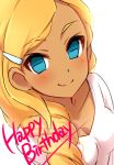  1girl bangs blonde_hair blue_eyes blush character_request closed_mouth dark_skin english eyebrows_visible_through_hair hair_ornament hairclip happy_birthday highres inazuma_eleven_(series) long_hair looking_at_viewer reiza sekina shirt simple_background sketch smile solo upper_body white_background white_shirt 