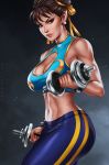  1girl alternate_costume breasts chun-li cleavage cleavage_cutout dandon_fuga double_bun dumbbell earrings hair_ribbon highres jewelry looking_at_viewer midriff navel ribbon sleeveless smile solo stomach street_fighter street_fighter_zero_(series) toned weightlifting weights 