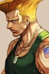  1boy american_flag blonde_hair blue_eyes closed_mouth dog_tags frown furrowed_eyebrows grey_background guile hankuri looking_at_viewer male_focus muscle simple_background solo street_fighter tank_top tattoo upper_body veins 