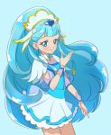  1girl blue blue_background blue_eyes blue_hair closed_mouth cnove cowboy_shot cure_ange earrings head_wings hugtto!_precure jewelry long_hair looking_at_viewer magical_girl precure simple_background skirt smile solo spoilers white_skirt wrist_cuffs yakushiji_saaya 