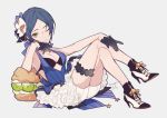  1girl \||/ ankle_boots bird black_bikini_top black_gloves blue_bow blue_dress blue_hair boots bow breasts chin_rest cleavage cushion dress elbow_rest flower food_request gloves grey_background hair_bow hair_flower hair_ornament half_gloves halter_dress hand_on_own_knee hayami_kanade high_heels idolmaster idolmaster_cinderella_girls kiwi legs legs_crossed looking_at_viewer one_eye_closed reclining ruffled_skirt short_hair shorts shorts_under_dress signature sitting solo sonnet_form star thigh_strap tsurime whipped_cream 