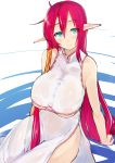  1girl aqua_eyes bare_shoulders breasts cleavage elf highres hips huge_breasts light_smile long_hair looking_at_viewer original pen_(pen3) pointy_ears redhead see-through solo thighs under_boob very_long_hair wet wet_clothes 