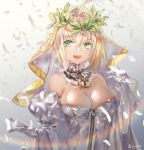  1girl :d ahoge artist_name avamone bare_shoulders blonde_hair breasts bright_pupils chains cleavage detached_collar detached_sleeves elbow_gloves eyebrows_visible_through_hair fate/extra fate/extra_ccc fate/grand_order fate_(series) feathers gloves gradient gradient_background green_eyes highres large_breasts lock looking_at_viewer nero_claudius_(bride)_(fate) nero_claudius_(fate)_(all) open_mouth padlock short_hair simple_background smile solo upper_body veil white_gloves wreath 