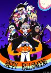  2girls 5boys absurdres astolfo_(fate) bat black_cape blonde_hair brown_hair cape commentary fate/apocrypha fate/grand_order fate_(series) graveyard green_eyes halloween halloween_costume hand_on_headwear hat highres holding holding_scythe jack-o&#039;-lantern jeanne_d&#039;arc_(fate) jeanne_d&#039;arc_(fate)_(all) karna_(fate) kotomine_shirou moon mordred_(fate)_(all) multiple_boys multiple_girls night night_sky nun open_clothes pants pink_hair red_eyes rider_of_black saber_of_black saber_of_red sakuragi_anju scythe sieg_(fate/apocrypha) silver_hair sky toothbrush violet_eyes white_pants 