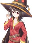  1girl akira_(been0328) belt black_hair button_eyes cape dress eyebrows_visible_through_hair hat highres kono_subarashii_sekai_ni_shukufuku_wo! megumin red_dress red_eyes sarashi short_hair simple_background smile solo upper_body v white_background witch_hat 