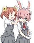  2girls :d ahoge anger_vein animal_ears annoyed bangs blue_eyes bow brown_hair buttons clenched_hands closed_eyes collared_shirt cowboy_shot eyebrows_visible_through_hair eyes_visible_through_hair fake_animal_ears gloves green_ribbon grey_skirt grey_vest hair_bow hair_ornament hairband hands_up kagerou_(kantai_collection) kakizaki_(chou_neji) kantai_collection looking_to_the_side multiple_girls neck_ribbon open_mouth pink_hair pleated_skirt pocket ponytail rabbit_ears red_ribbon ribbon school_uniform shiranui_(kantai_collection) shirt short_sleeves simple_background skirt smile twintails vest white_background white_gloves white_shirt yellow_bow 