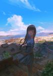  1girl bangs black_eyes black_hair blunt_bangs blurry breasts building city cityscape clouds commentary crane depth_of_field dress flower highres hill horizon house long_hair looking_to_the_side ocean original plant rias-coast scenery shade sky small_breasts solo stairs tile_roof torii white_dress wind 