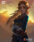 blonde_hair green_eyes highres logan_cure long_hair looking_at_viewer pointy_ears princess_zelda solo sunset the_legend_of_zelda the_legend_of_zelda:_breath_of_the_wild 
