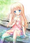  1girl :d arm_support bangs bare_arms bare_shoulders blonde_hair blue_eyes blush commentary_request day dress eyebrows_visible_through_hair frills hair_between_eyes hair_grab head_tilt long_hair looking_at_viewer open_mouth original outdoors pink_dress pink_ribbon ribbon shallow_water shihou_haru sitting sleeveless sleeveless_dress smile solo very_long_hair 