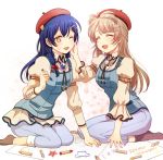  2girls barrette blue_hair braid brown_hair closed_eyes crayon drawing hair_ornament hairclip hand_on_another&#039;s_face happy hat heru_(totoben) long_hair looking_at_another love_live! love_live!_school_idol_festival love_live!_school_idol_project minami_kotori multiple_girls one_eye_closed open_mouth paper sitting smile sonoda_umi yellow_eyes 