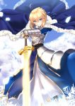  1girl ahoge artoria_pendragon_(all) blonde_hair blue_dress braid breastplate closed_mouth day dress excalibur fate/grand_order fate/stay_night fate_(series) french_braid fur_trim gauntlets green_eyes hair_between_eyes highres looking_at_viewer mirea outdoors petals planted_sword planted_weapon revision saber smile solo sword tsurime weapon 