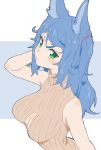  1girl absurdres animal_ears bare_arms bare_shoulders blue_background blue_hair blush breasts brown_sweater cleavage_cutout closed_mouth donguri_suzume green_eyes hand_in_hair hand_up highres large_breasts long_hair looking_at_viewer looking_to_the_side one_side_up ribbed_sweater solo sweater sweater_vest upper_body 