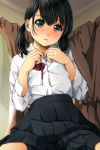  1girl black_eyes black_hair blush eyebrows_visible_through_hair highres looking_at_viewer low_twintails matsunaga_kouyou original parted_lips pleated_skirt school_uniform shirt skirt solo twintails undressing white_shirt 