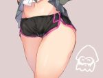  1girl close-up commentary_request grey_background inkling iriehana lower_body midriff navel short_shorts shorts simple_background solo splatoon stomach thighs 
