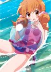  1girl :d absurdres afloat ball beachball blush breast_press breasts brown_eyes covered_navel dutch_angle eyebrows_visible_through_hair hair_between_eyes highres long_hair looking_at_viewer low_twintails mousou_(mousou_temporary) navel ocean one-piece_swimsuit open_mouth orange_hair pink_swimsuit small_breasts smile solo swimsuit tokita_moeko twintails wakaba_girl 