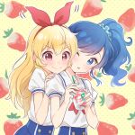  +_+ aikatsu! bangs blonde_hair blue_eyes blue_hair blush commentary cup drinking_straw expressive_clothes eyebrows_visible_through_hair frappuccino gobou_1000 hair_between_eyes hair_ornament hair_ribbon hair_scrunchie hairband hand_on_another&#039;s_shoulder holding holding_cup hoshimiya_ichigo kiriya_aoi leaning_on_person long_hair multiple_girls neckerchief one_eye_closed open_mouth plastic_cup polka_dot polka_dot_background red_eyes ribbon school_uniform scrunchie side_ponytail smile starbucks strawberry_background upper_body yuri 