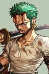  1boy blood blood_on_face bruise closed_mouth earrings frown furrowed_eyebrows green_hair grey_background hankuri holding holding_sword holding_weapon injury jewelry katana one_piece over_shoulder roronoa_zoro sanpaku shirt short_sleeves simple_background solo standing sword torn_clothes torn_shirt upper_body v-shaped_eyebrows weapon weapon_over_shoulder white_shirt 