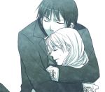  1boy 1girl black_hair blonde_hair closed_eyes coat eyebrows_visible_through_hair fullmetal_alchemist fuyufuchi gloves hug long_hair lowres monochrome riza_hawkeye roy_mustang short_hair simple_background sweatdrop white_background 