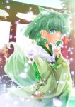  1girl :o animal_ears blue_eyes blush cafe-chan_to_break_time dog_ears dog_girl dog_tail floral_print fox_shadow_puppet fur_collar green_eyes green_kimono japanese_clothes kemonomimi_mode kimono long_sleeves looking_at_viewer midori_(cafe-chan_to_break_time) outdoors parted_lips porurin print_kimono short_hair sidelocks snowing solo tail torii wide_sleeves 