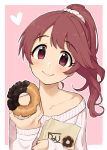  1girl bag bangs blush brown_eyes brown_hair commentary_request doughnut food heart highres idolmaster idolmaster_cinderella_girls long_hair looking_at_viewer off-shoulder_sweater omaru_gyuunyuu paper_bag pink_background ponytail scrunchie shiina_noriko smile solo sweater swept_bangs twitter_username white_border white_sweater 