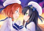  2girls black_hair blush bob_cut braid commentary etorofu_(kantai_collection) gloves gradient_hair green_eyes hat holding_hand kantai_collection long_hair long_sleeves matsuwa_(kantai_collection) multicolored_hair multiple_girls open_mouth redhead sailor_collar sailor_hat school_uniform serafuku short_hair sidelocks sunset tearing_up thick_eyebrows twin_braids violet_eyes white_hat yuna_(yukiyuna) 