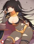 1girl bangle black_hair bodysuit bracelet breasts cape circlet cleavage covered_navel fire_emblem fire_emblem:_kakusei jewelry long_hair looking_at_viewer skin_tight solo songjikyo tharja tiara torn_clothes two_side_up 