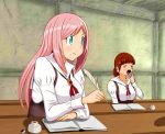  2girls aqua_eyes book breasts brown_hair closed_eyes desk feathers g6triglav inkwell large_breasts long_hair multiple_girls open_book open_mouth original pink_hair quill school_desk sitting table uniform yawning 