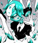  androgynous black_neckwear broken gradient gradient_background green_eyes green_hair grey_background houseki_no_kuni kanno_takanori necktie open_mouth phosphophyllite shoes short_hair short_sleeves shorts solo sparkle uniform 