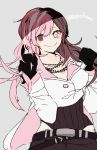  belt black_gloves breasts brown_eyes brown_hair capelet character_name cleavage dutch_angle esu_(transc) gloves heterochromia long_hair medium_breasts multicolored_hair multiple_necklaces neo_(rwby) pink_eyes pink_hair playing_with_own_hair rwby sketch smile 