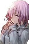  1girl bangs closed_mouth eyebrows_visible_through_hair fate/grand_order fate_(series) hair_over_one_eye hankuri hood hood_down hoodie long_sleeves looking_at_viewer mash_kyrielight one_eye_covered pink_hair short_hair simple_background smile solo upper_body violet_eyes white_background 