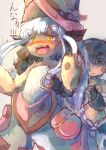  !! 1boy 1girl :3 :o animal_ears bangs blunt_bangs blush d: ears_through_headwear eyebrows_visible_through_hair facial_mark furry hat highres horizontal_pupils horns long_hair made_in_abyss mechanical_arm nanachi_(made_in_abyss) navel nose_blush open_mouth parted_lips paws regu_(made_in_abyss) riasgomibako shirtless standing tail tail_grab topless whiskers white_hair wide-eyed yellow_eyes 