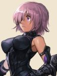  1girl armor bare_shoulders boobplate breastplate breasts elbow_gloves fate/grand_order fate_(series) gauntlets gloves hair_over_one_eye hankuri large_breasts mash_kyrielight one_eye_covered parted_lips pink_background pink_hair shielder_(fate/grand_order) short_hair simple_background solo upper_body violet_eyes wide-eyed 