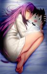  1girl ass barefoot character_print closed_mouth dakimakura_(object) eromoeba fate/grand_order fate_(series) feet fujimaru_ritsuka_(male) full_body highres long_hair looking_at_viewer lying on_bed on_side panties pantyshot pantyshot_(lying) pillow pillow_hug purple_hair purple_panties red_eyes scathach_(fate/grand_order) smile soles solo sweater toes turtleneck turtleneck_sweater underwear white_sweater 