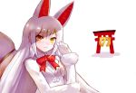  1girl animal_ears bow bowtie breast_pocket extra_ears eyebrows_visible_through_hair fox_ears fox_tail fur_trim gloves hand_on_own_elbow jacket japari_symbol kemono_friends kiri_(kiri_mumei) long_hair long_sleeves looking_at_viewer oinari-sama_(kemono_friends) pocket red_neckwear solo tail torii upper_body white_background white_gloves white_hair white_jacket yellow_eyes 