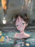  1girl alternate_costume bathing black_hair blurry collarbone double_bun fang francesca_lucchini green_eyes grin hair_up highres kabuyama_kaigi looking_to_the_side nude onsen rubber_duck sketch smile solo strike_witches upper_body water wet wet_hair world_witches_series 