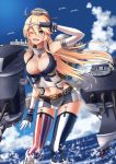  1girl blonde_hair blue_eyes blue_sky breasts cannon clouds cowboy_shot elbow_gloves fingerless_gloves front-tie_top garter_straps gloves iowa_(kantai_collection) itsuwa_(continue) kantai_collection large_breasts machinery miniskirt mismatched_legwear one_eye_closed open_mouth outdoors skirt sky solo star star-shaped_pupils striped striped_legwear symbol-shaped_pupils thigh-highs turret vertical-striped_legwear vertical_stripes zettai_ryouiki 