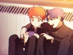  2boys arm_around_shoulder dated emiya_shirou fate/stay_night fate_(series) gakuran game_boy_advance handheld_game_console male_focus matou_shinji multiple_boys orange_eyes orange_hair playing_games purple_hair school_uniform signature sitting smile sunset younger 