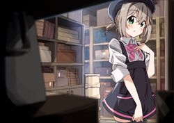  1girl :o black_legwear blush bow bowtie brown_hair collared_shirt cowboy_shot dress eyebrows_visible_through_hair green_eyes hair_between_eyes hat highres indoors looking_at_viewer mousou_(mousou_temporary) parted_lips pinafore_dress pink_neckwear ponytail shirt short_hair sleeves_rolled_up solo standing sweatdrop thigh-highs white_shirt wing_collar yama_no_susume yukimura_aoi 