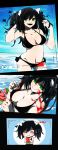  absurdres bikini black_border black_hair black_nails blush border breasts cleavage cowboy_shot dutch_angle esu_(transc) food from_above fruit gluteal_fold green_eyes heart highres large_breasts nail_polish neo_(rwby) recording rwby side-tie_bikini sketch smile swimsuit twintails watermelon 