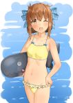  1girl ;d ahoge bangs bare_arms bare_shoulders bikini blue_background blue_bow blush bow breasts collarbone cowboy_shot eyebrows_visible_through_hair frilled_bikini_bottom frills groin hair_bow hand_on_hip highres holding inazuma_(kantai_collection) inflatable_shark inflatable_toy kantai_collection navel one_eye_closed open_mouth round_teeth sidelocks small_breasts smile soil_chopsticks solo standing stomach striped striped_bow swimsuit tareme teeth thighs yellow_bikini 