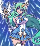  1girl akairiot alternate_costume bare_shoulders boots breasts choker commentary gloves green_eyes green_hair hair_ornament horn league_of_legends long_hair magical_girl medium_breasts pointy_ears skirt smile solo soraka staff star_guardian_soraka strapless thigh-highs thigh_boots very_long_hair white_footwear white_gloves 