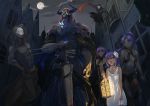  3boys 3girls :o abs adjusting_hair arm_behind_head arm_up armlet armor armpits assassin_(fate/prototype_fragments) assassin_(fate/zero) balcony bald bangs bare_arms bare_shoulders black_gloves black_hairband black_pants black_sky blue_eyes breastplate breasts building center_opening cleavage closed_mouth clouds collarbone cowboy_shot dagger dark_skin dress earrings elbow_gloves expressionless fate/stay_night fate_(series) female_assassin_(fate/zero) flat_chest full_moon gauntlets gloves glowing glowing_eyes hair_between_eyes hairband hand_up height_difference highres holding holding_sword holding_weapon hoop_earrings horns jewelry king_hassan_(fate/grand_order) knee_pads lantern leaning_forward legs_apart light long_hair looking_at_viewer mask mask_on_head midair moon multiple_boys multiple_girls muscle nakaga_eri navel night night_sky open_mouth outdoors pants parted_bangs ponytail purple_hair revealing_clothes sheath sheathed shirtless short_hair shoulder_spikes skull skull_mask sky sleeveless sleeveless_dress smile spikes standing stomach sundress sword teeth tight tight_pants torn_clothes town trait_connection true_assassin under_boob very_dark_skin very_long_hair violet_eyes weapon white_dress window 