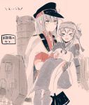  2girls ainu_clothes armor belt black_gloves blue_hair blush closed_eyes comic dress gangut_(kantai_collection) gloves grey_hair hair_between_eyes hair_ornament hairclip hat headband itomugi-kun jacket jacket_on_shoulders kamoi_(kantai_collection) kantai_collection long_hair military military_hat military_uniform miniskirt multicolored_hair multiple_girls naval_uniform open_mouth pantyhose peaked_cap ponytail red_eyes red_shirt remodel_(kantai_collection) scar scar_on_cheek shirt silver_hair simple_background skirt translation_request turret uniform white_hair 